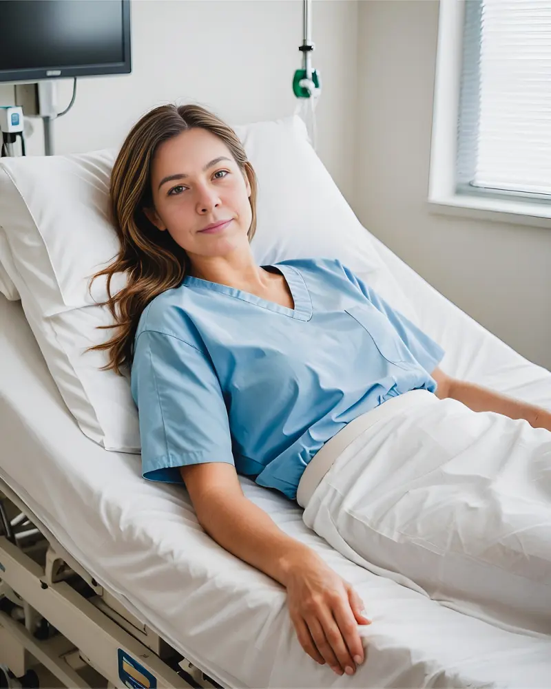 Junge Patientin liegt in einem Bett in einer Klinik.
