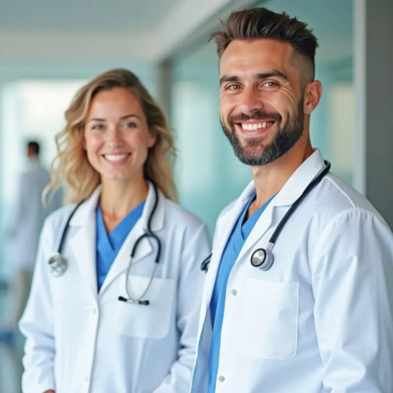 Zwei junge Ärzte im Krankenhaus.